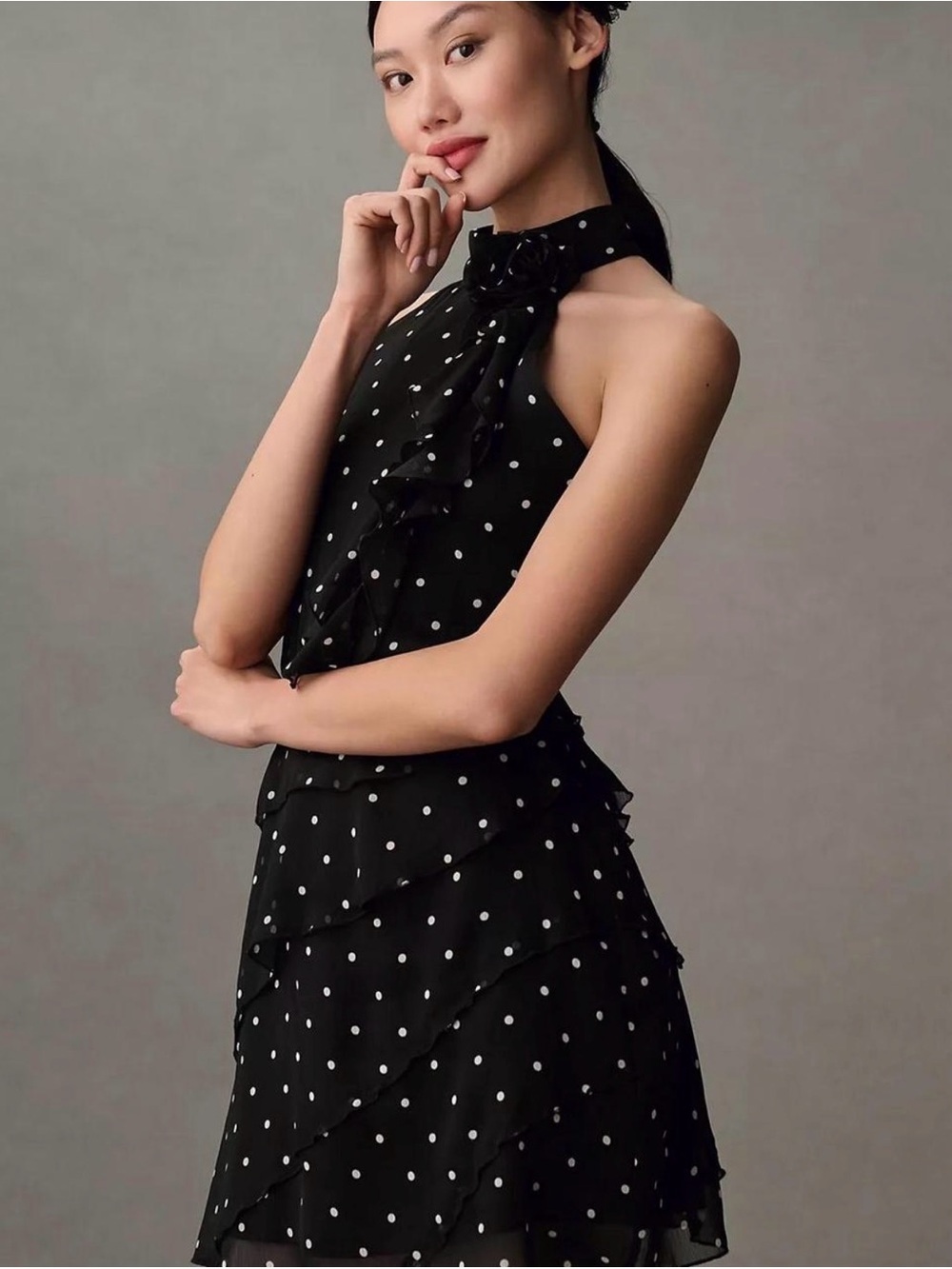 Anthropologie Black Polka Dot One-Shoulder Tiered Dress